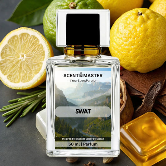 Perfume bottle labeled 'Swat' by SCENT MASTER Inspired by Imperial Valley Gissah, with lemons and rosemary on a dark surface