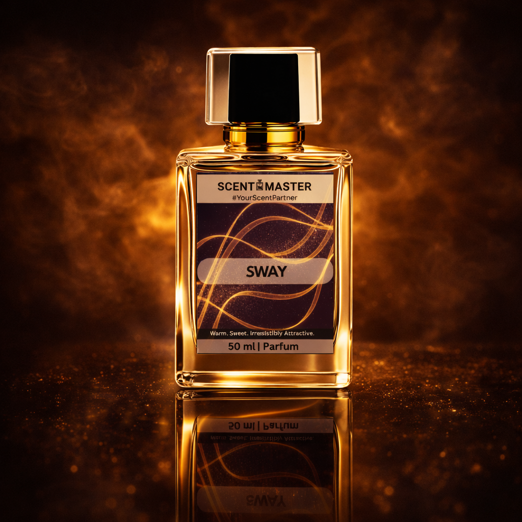 Perfume bottle labeled 'Scent Master Sway' on a reflective surface with a warm brown background