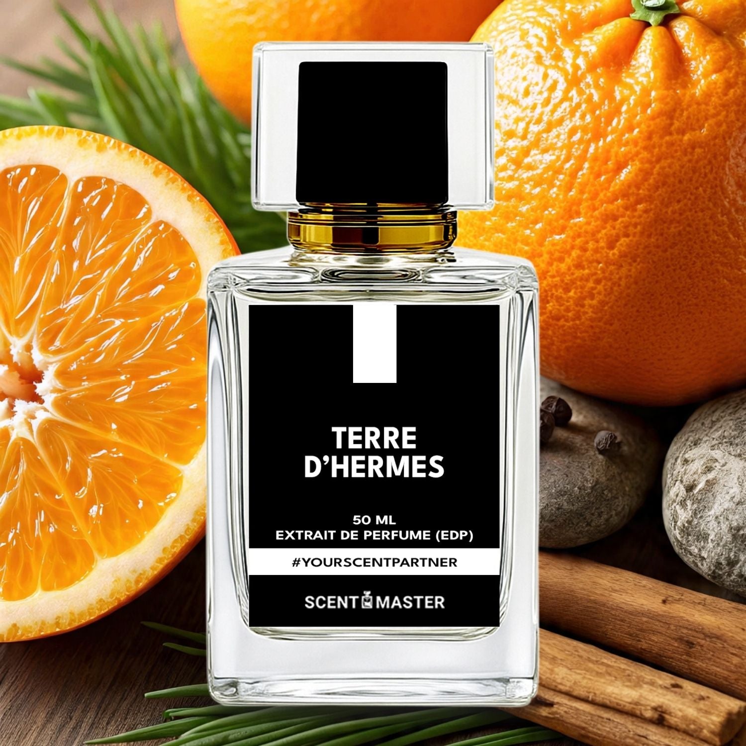 Perfume bottle labeled 'Terre d'Hermes' with oranges and cinnamon sticks in the background