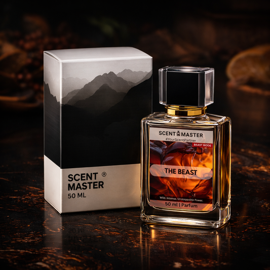 Perfume bottle and packaging of 'Scent Master' with 'The Beast' label on a dark background