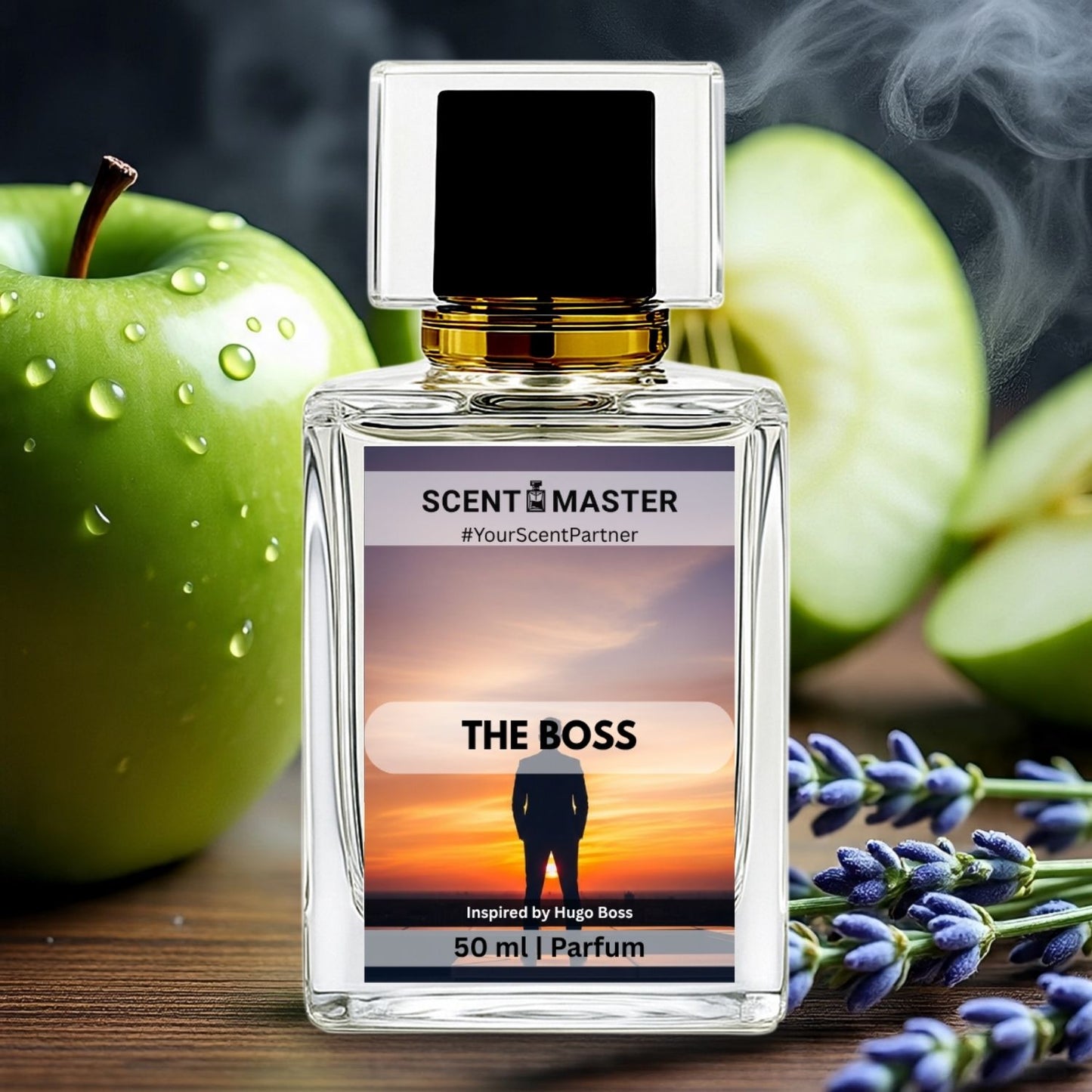 Perfume bottle labeled 'Scent Master The Boss' with apples and lavender in the background