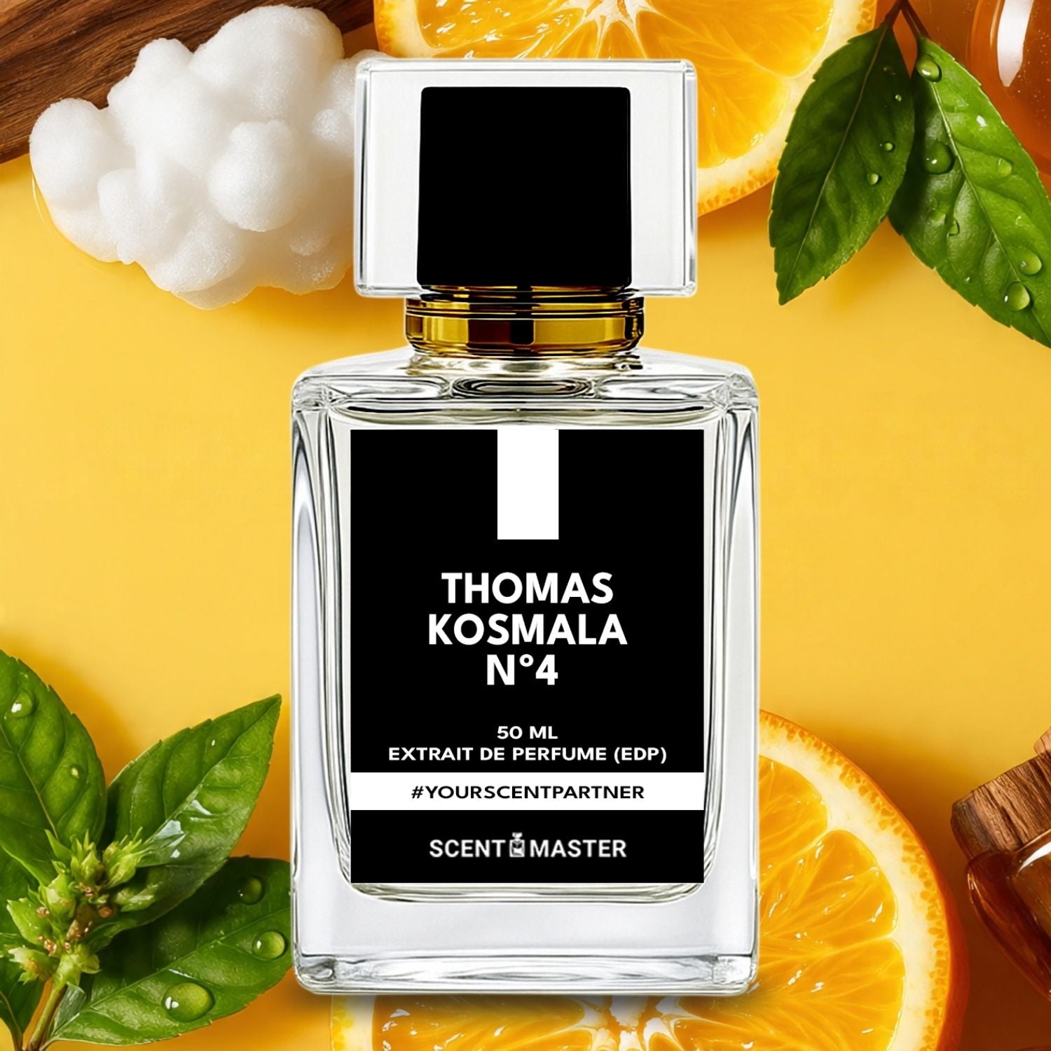 Perfume bottle labeled 'Thomas Kosmala N°4' surrounded by orange slices and leaves on a yellow background