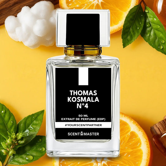 Perfume bottle labeled 'Thomas Kosmala N°4' surrounded by orange slices and leaves on a yellow background