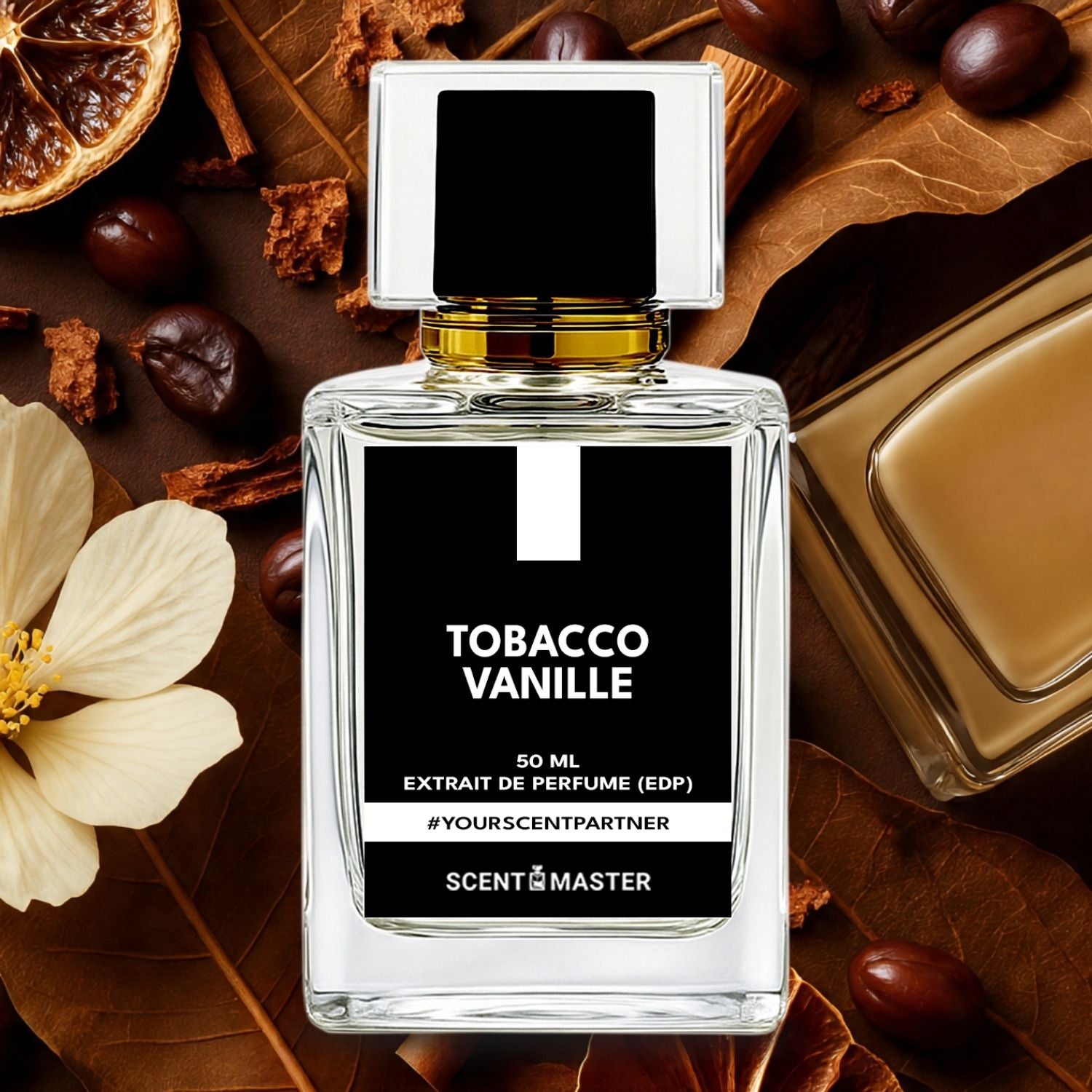 Perfume bottle labeled 'Tobacco Vanille' surrounded by autumnal elements on a dark background