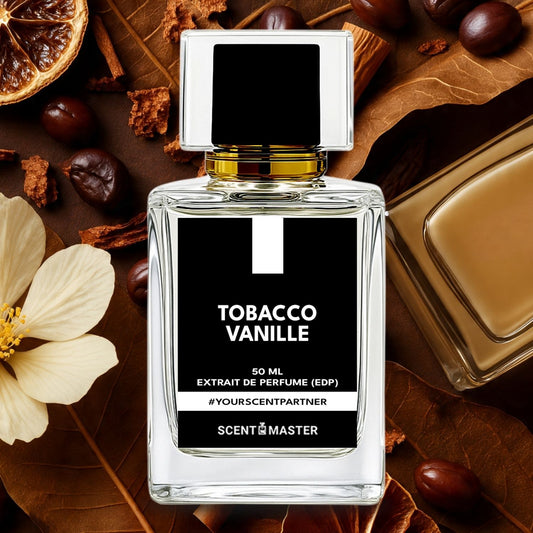 Perfume bottle labeled 'Tobacco Vanille' surrounded by autumnal elements on a dark background