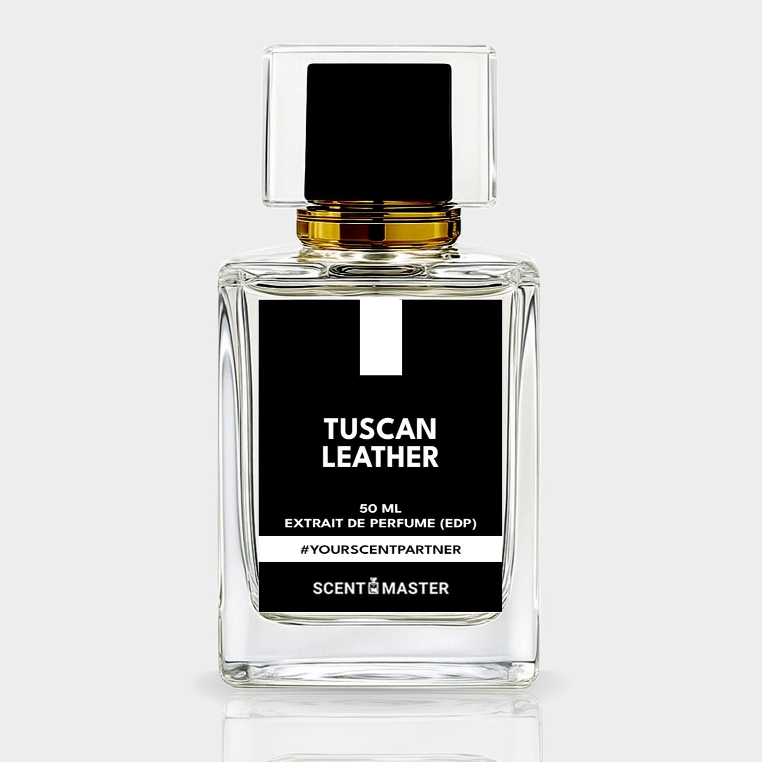 Perfume bottle labeled 'Tuscan Leather' by Scent Master on a white background