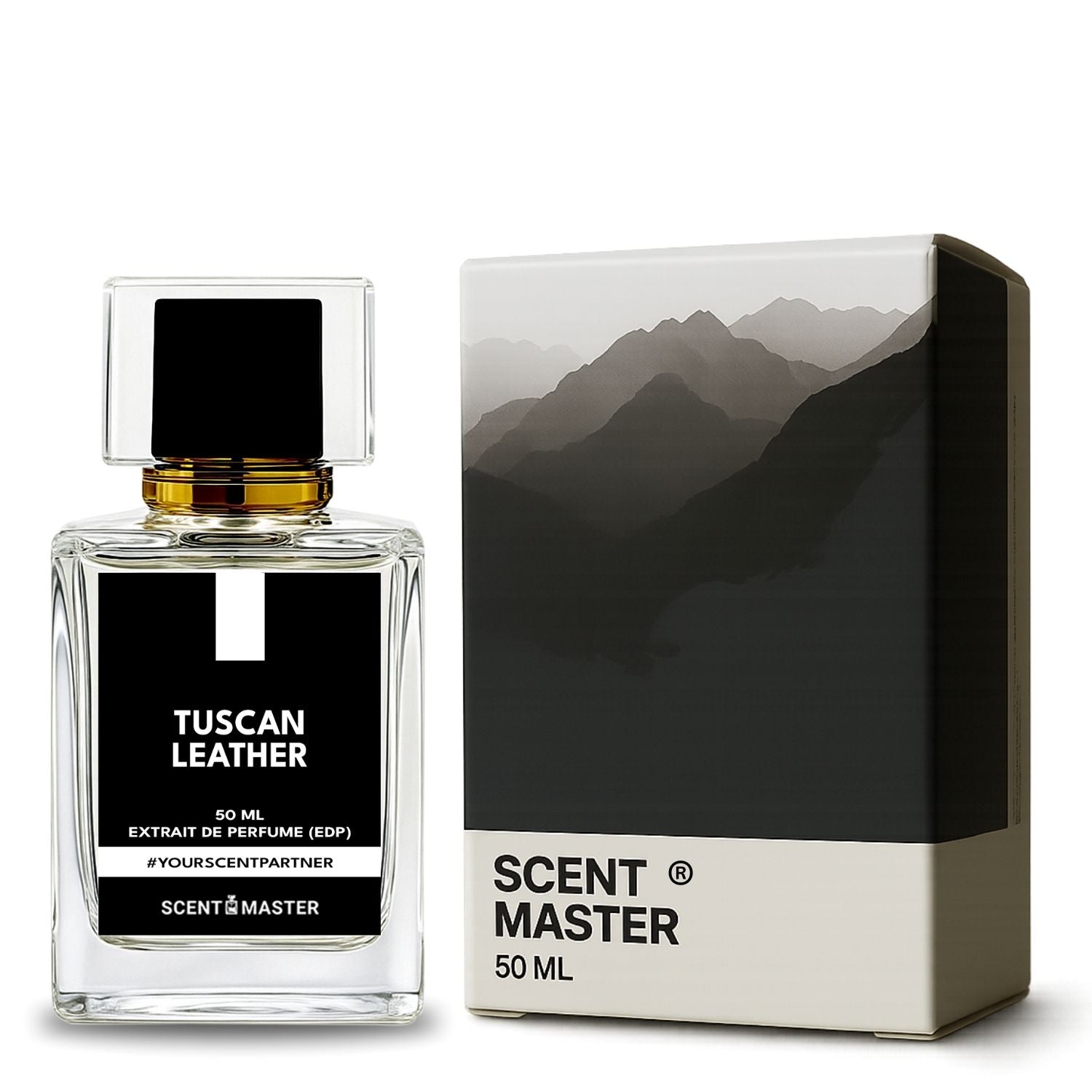 Tuscan Leather perfume bottle and packaging with mountain design on a white background