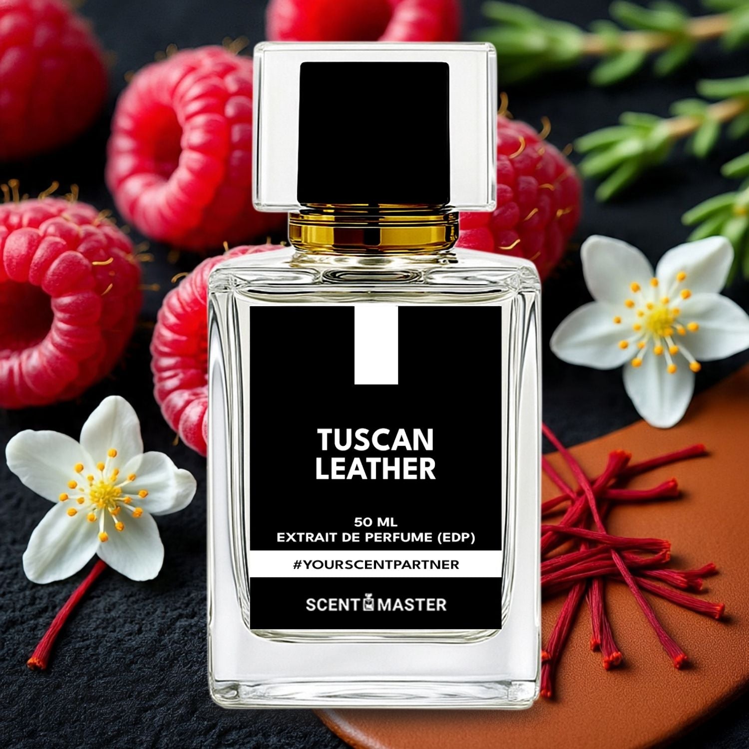 Perfume bottle labeled 'Tuscan Leather' surrounded by raspberries and flowers on a dark background