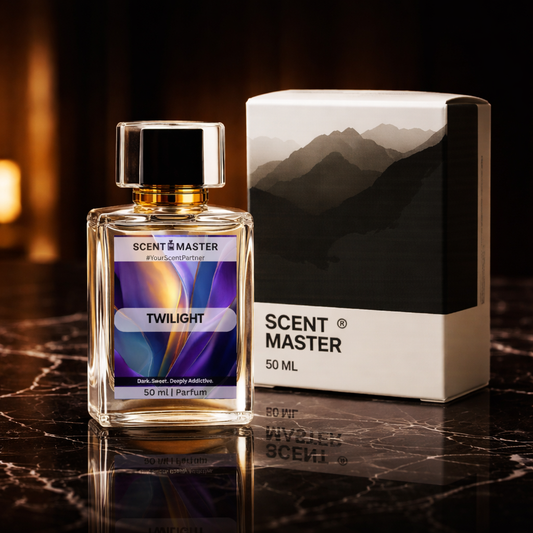 Scent Master Twilight perfume bottle and packaging on a dark surface with a mountain background