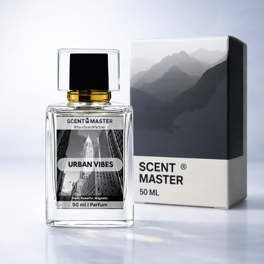 Perfume bottle and packaging of 'Urban Vibes' with 'Scent Master' branding on a light gray background