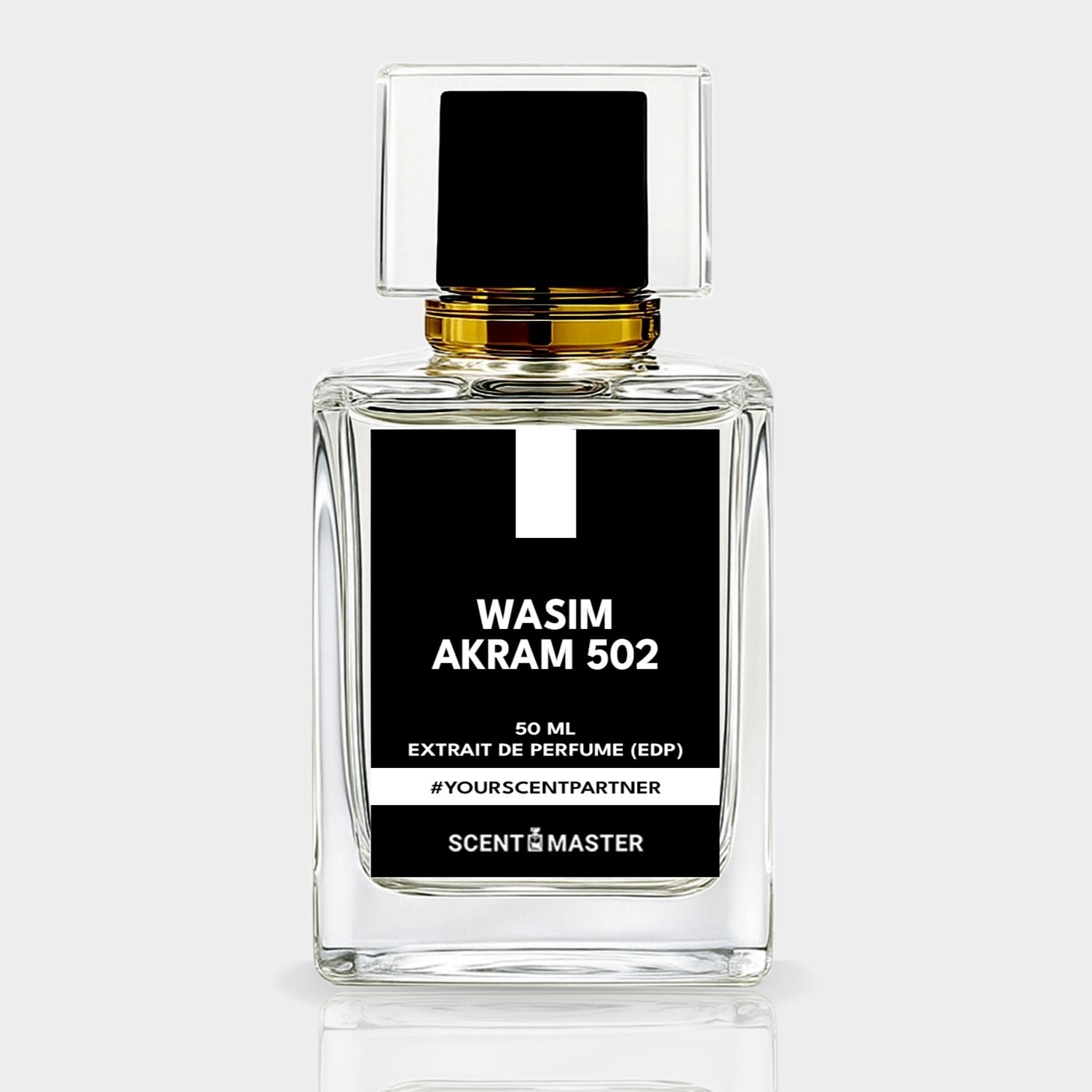 Perfume bottle with black label on a white background