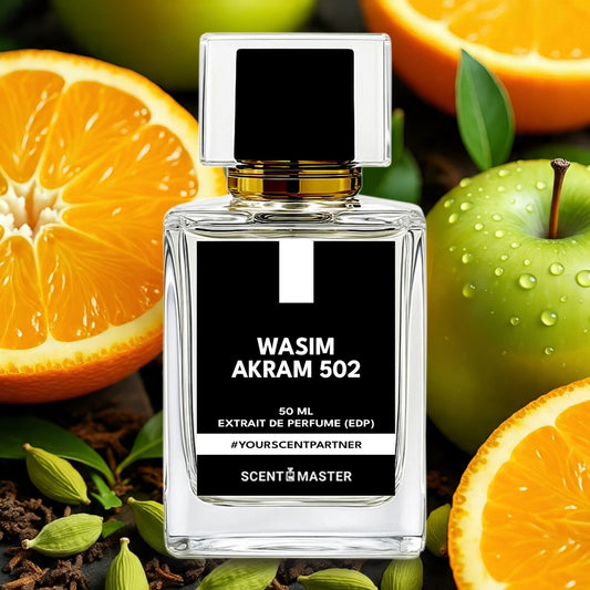 Perfume bottle labeled 'Wasim Akram 502' surrounded by oranges and an apple.