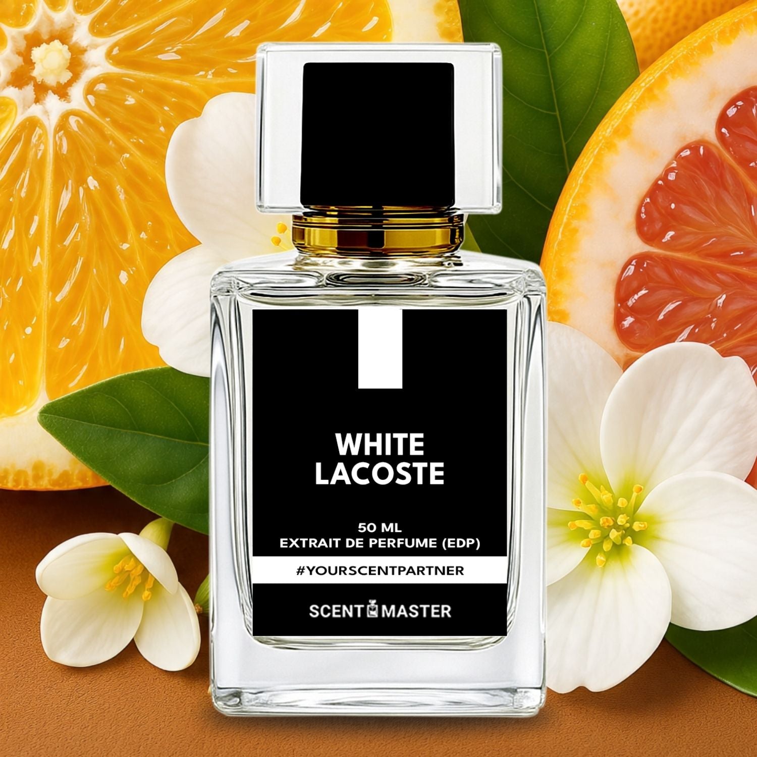 White Lacoste perfume bottle with citrus fruits and flowers on a brown background