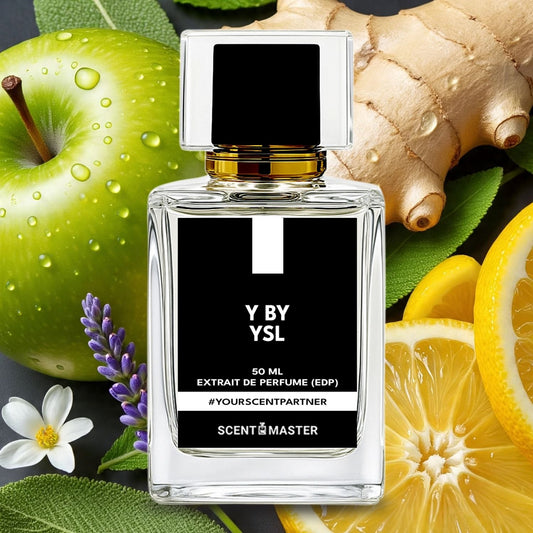 YSL perfume bottle with green apple, lemon, ginger, and lavender on a dark background