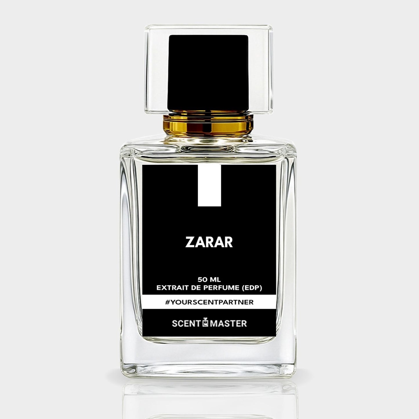 Perfume bottle labeled 'ZARAR' with a black cap on a light gray background