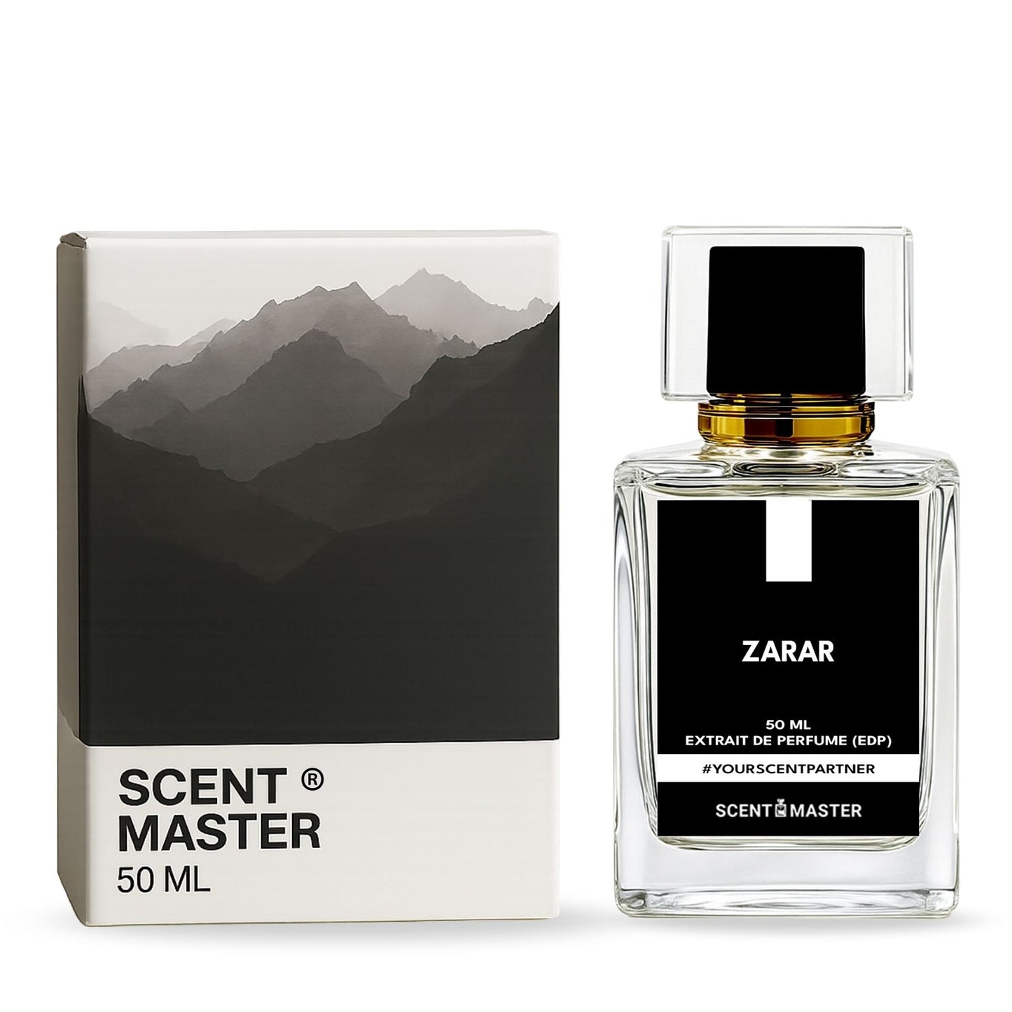 Perfume bottle and packaging with 'Scent Master' branding on a white background