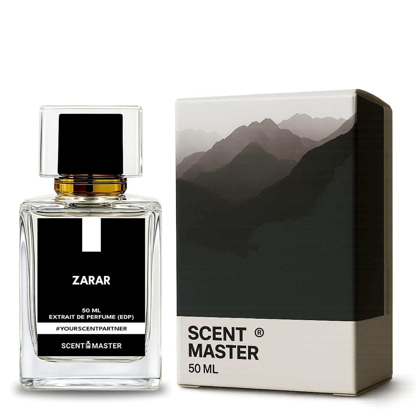 Zrar perfume bottle with packaging featuring mountain design on a white background