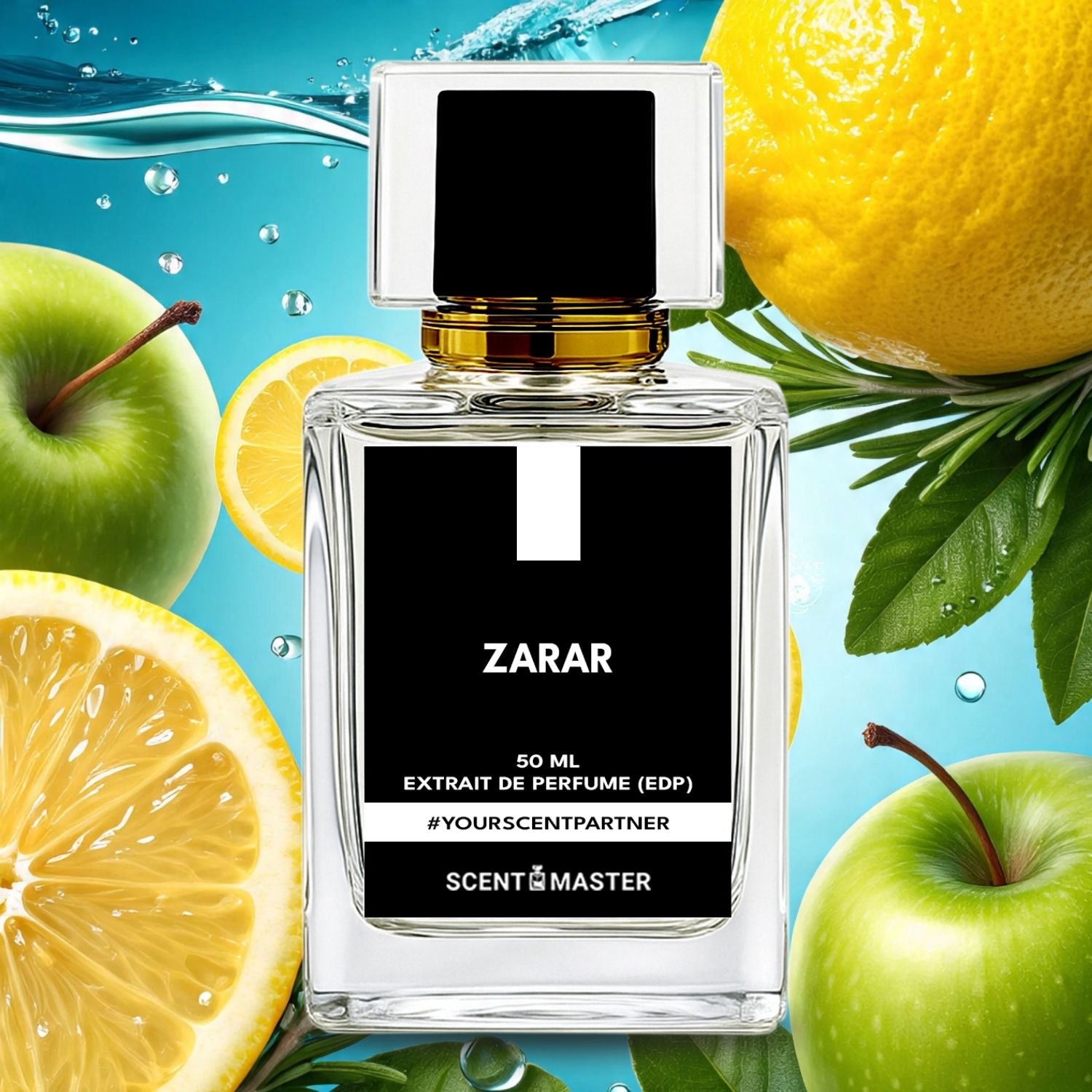 Perfume bottle labeled 'ZARAR' with lemons and apples on a blue background