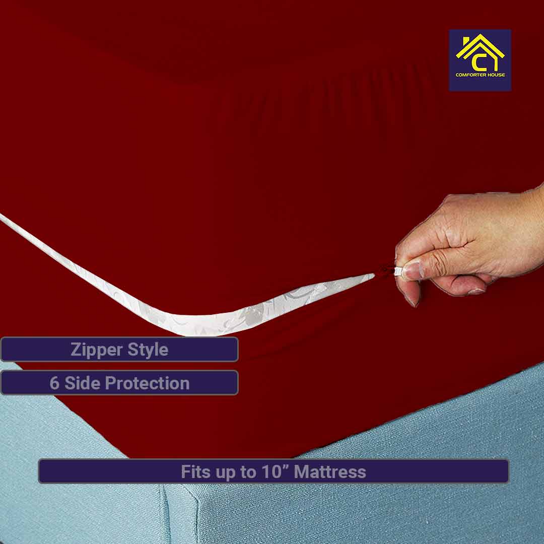 Comforter House | Waterproof Mattress Cover | Protector | Zipper | Maroon | Double Bed | King Size