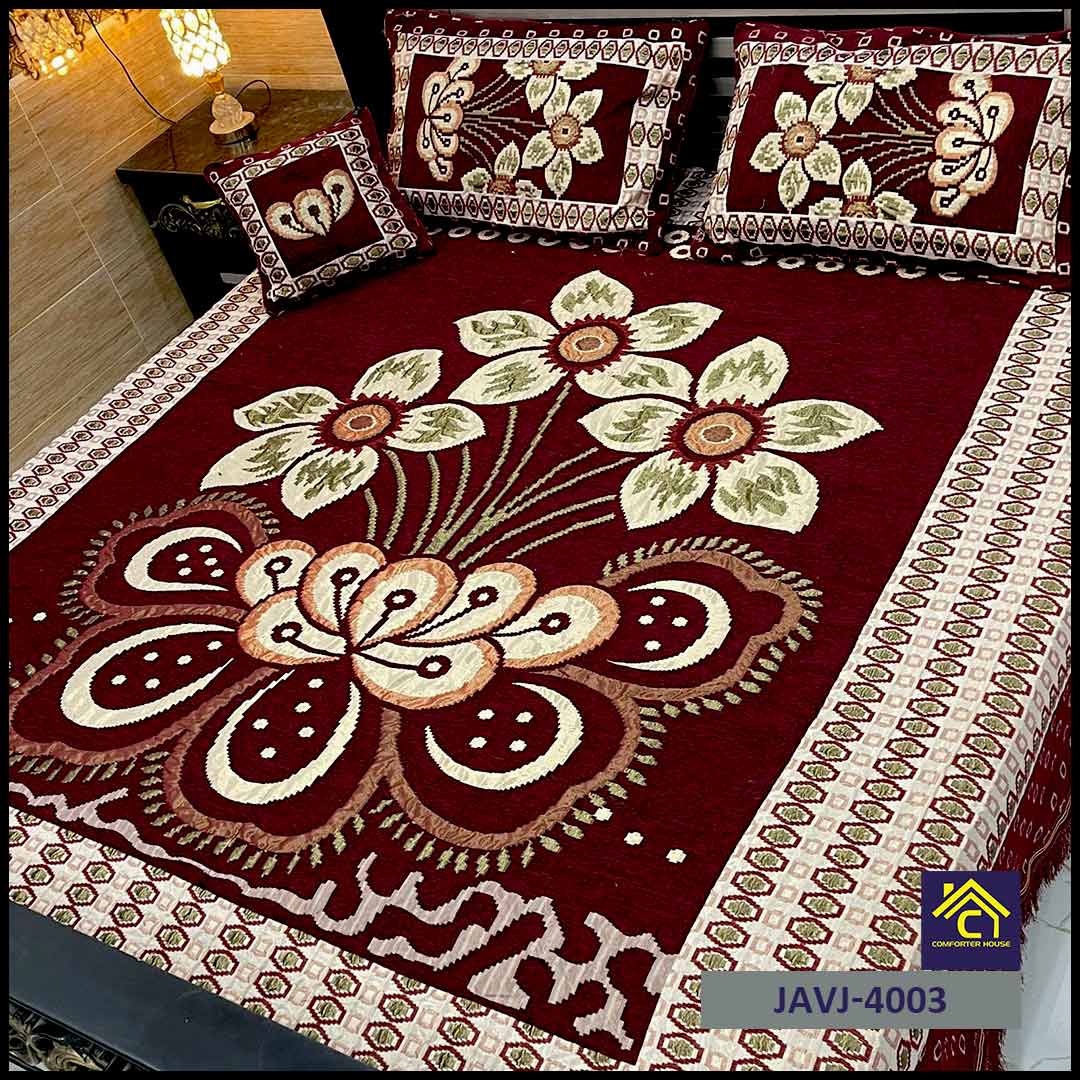4 Pcs Velvet Jacquard Fancy Bed Set | Maroon | JAVJ-4003