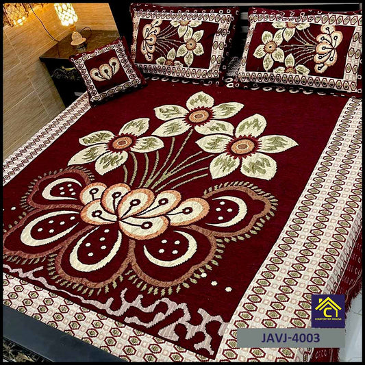 4 Pcs Velvet Jacquard Fancy Bed Set | Maroon | JAVJ-4003