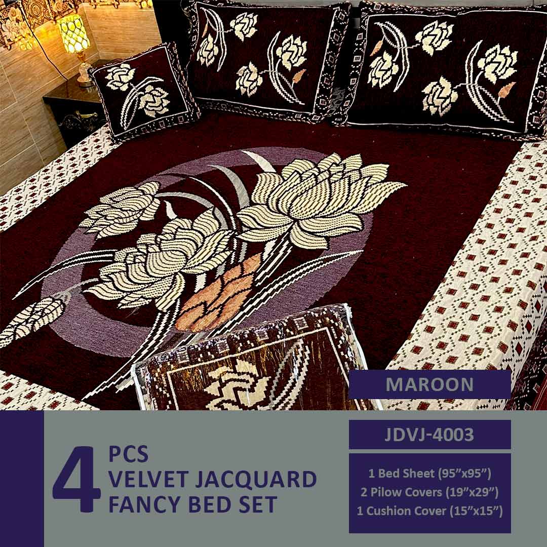 4 Pcs Velvet Jacquard Fancy Bed Set | Maroon | JDVJ-4003