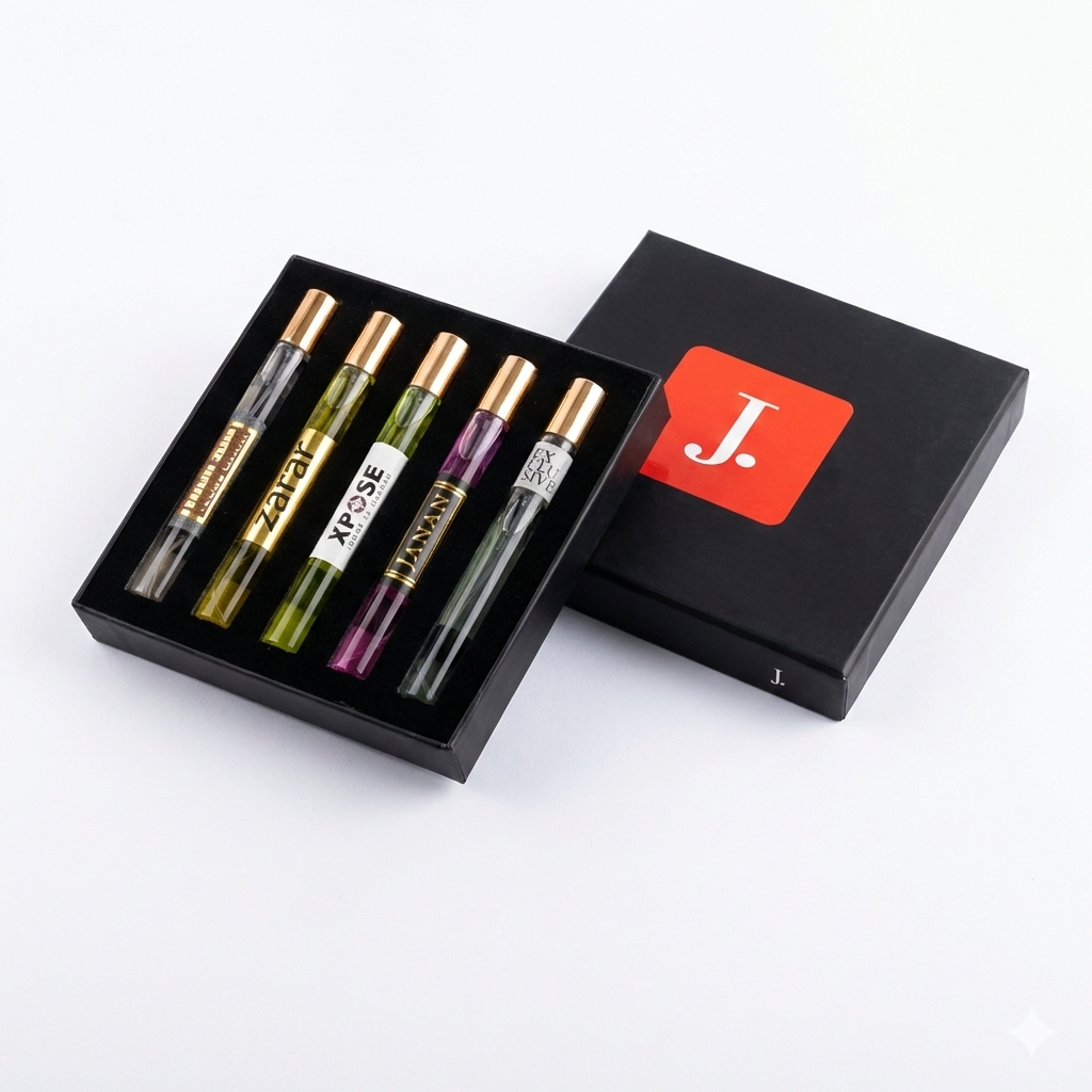 Set of five small glass bottles with metal caps in a black box with a red 'J' logo on a white background