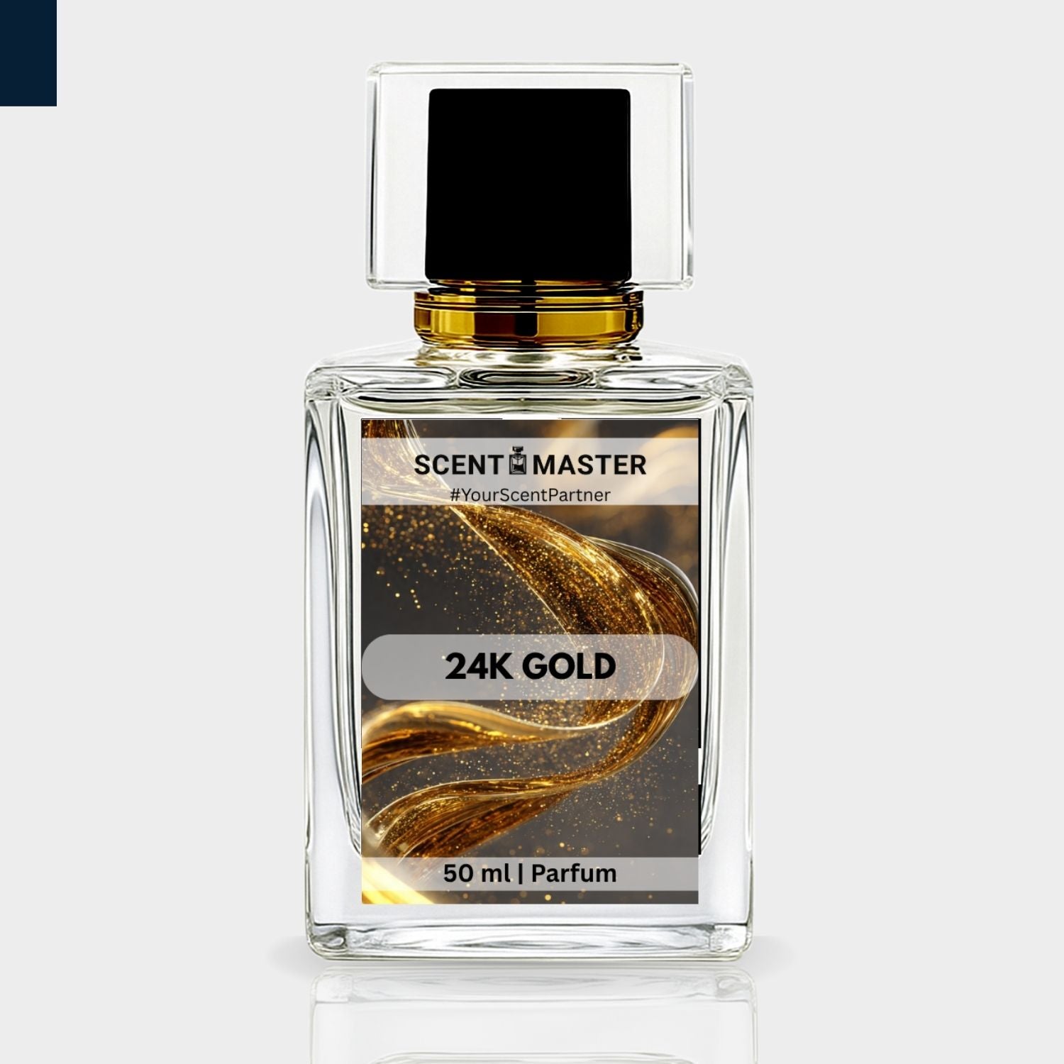 Perfume bottle labeled '24K Gold' by Scent Master on a light gray background