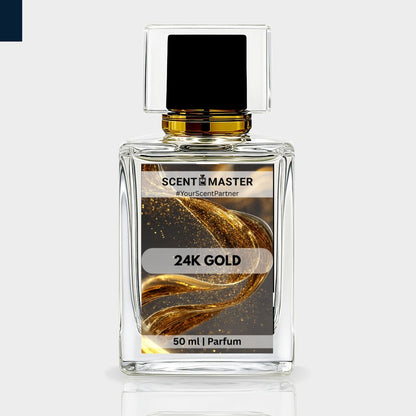 Perfume bottle labeled '24K Gold' by Scent Master on a light gray background