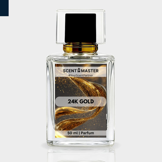 Perfume bottle labeled '24K Gold' by Scent Master on a light gray background