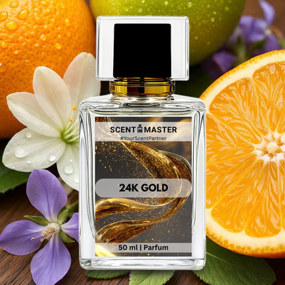 Perfume bottle labeled '24K Gold' surrounded by fruits and flowers