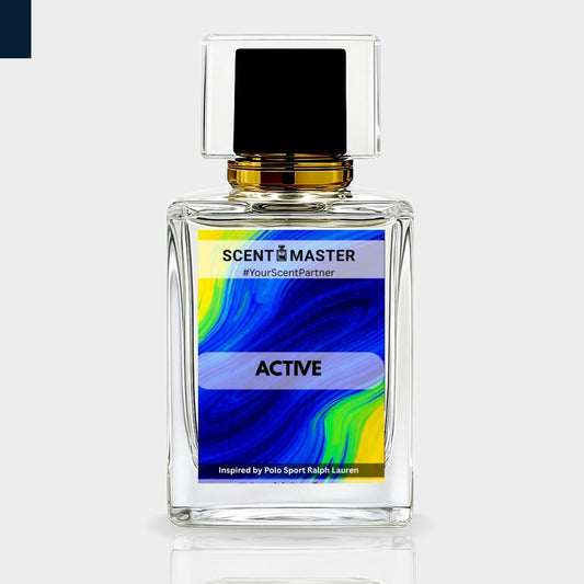 Perfume bottle labeled 'Scent Master Active' on a light gray background