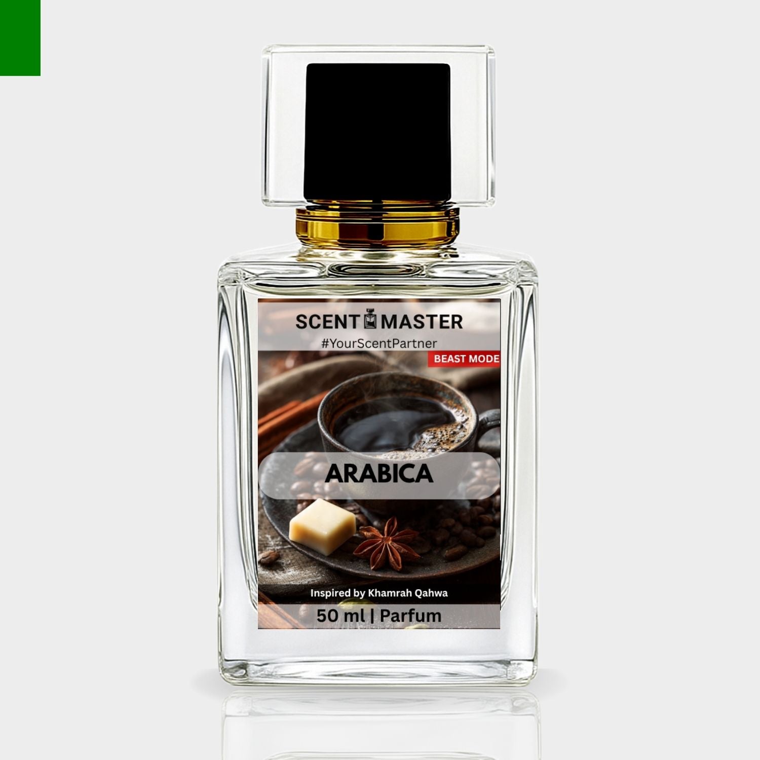 Perfume bottle labeled 'Arabica' by Scent Master on a light gray background