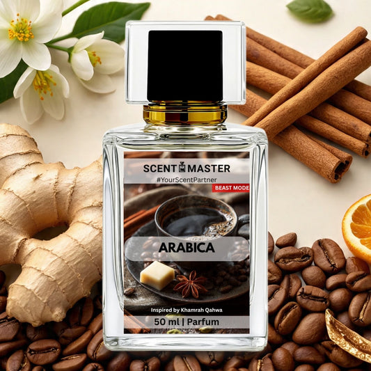 Scent Master Arabica perfume bottle surrounded by coffee beans, cinnamon sticks, and flowers on a light background