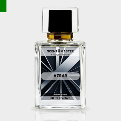 Perfume bottle labeled 'AZRAR' by Scent Master on a light gray background