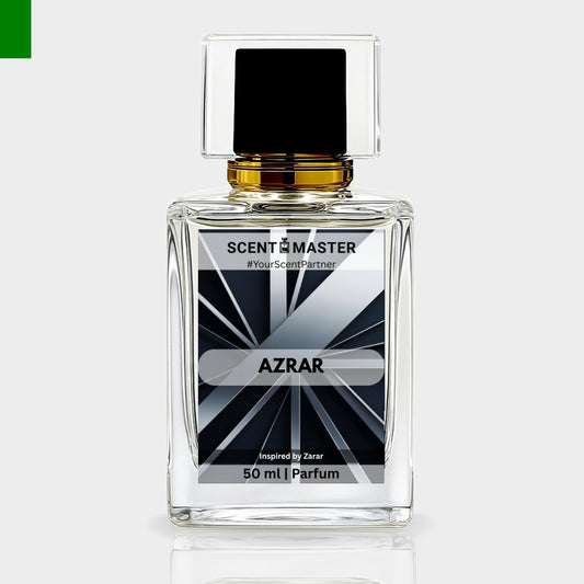 Perfume bottle labeled 'AZRAR' by Scent Master on a light gray background