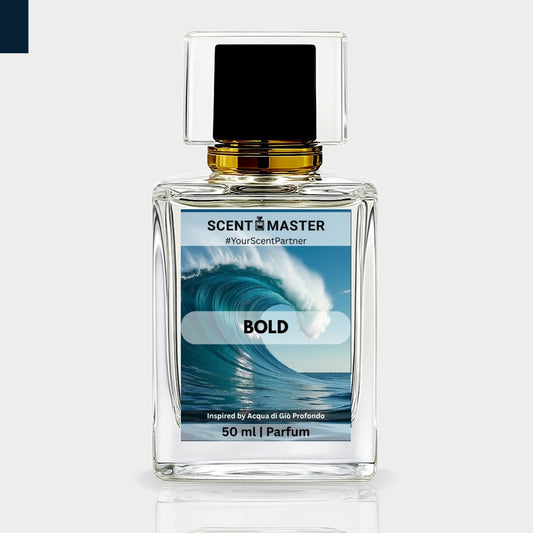 Perfume bottle labeled 'Scent Master Bold' with a wave design on the label against a white background.