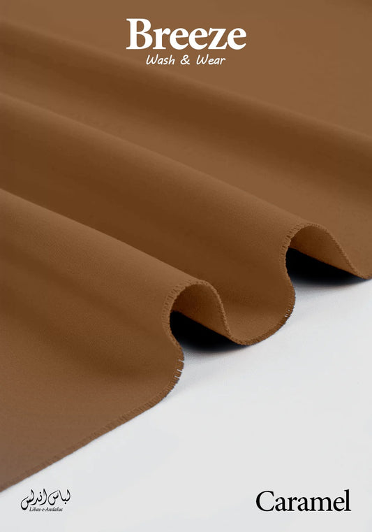 Caramel Brown fabric with 'Breeze Wash & Wear' and 'Caramel' text on a white background