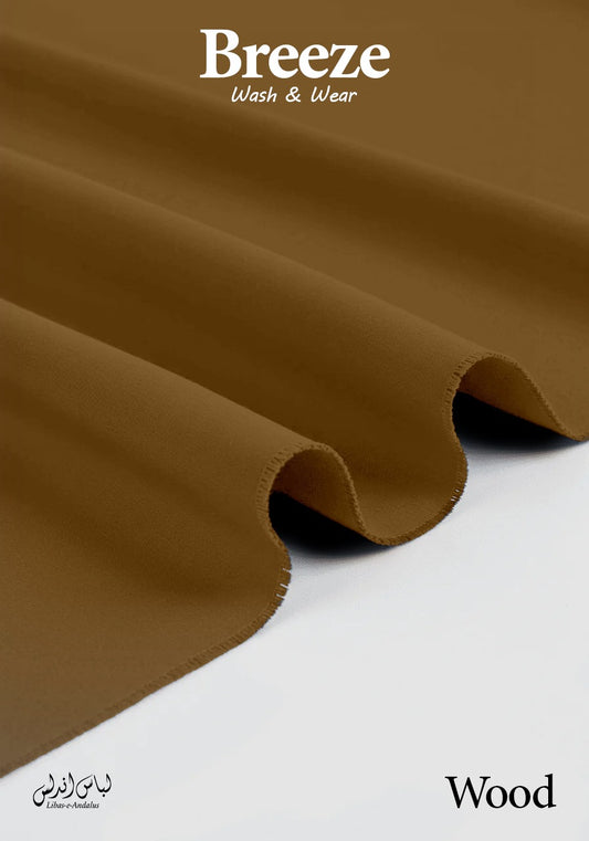 Wood Brown fabric with 'Breeze Wash & Wear' branding on a white background