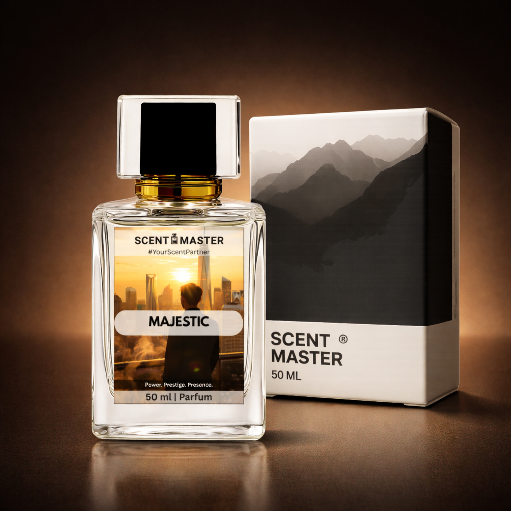 Perfume bottle and packaging with 'Scent Master Majestic' branding on a dark background