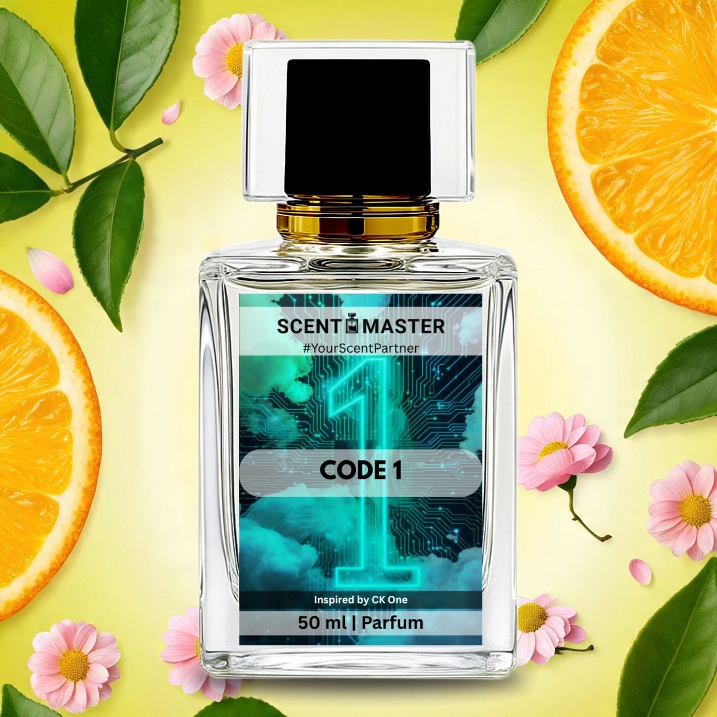 Perfume bottle labeled 'Scent Master' with oranges and flowers on a yellow background