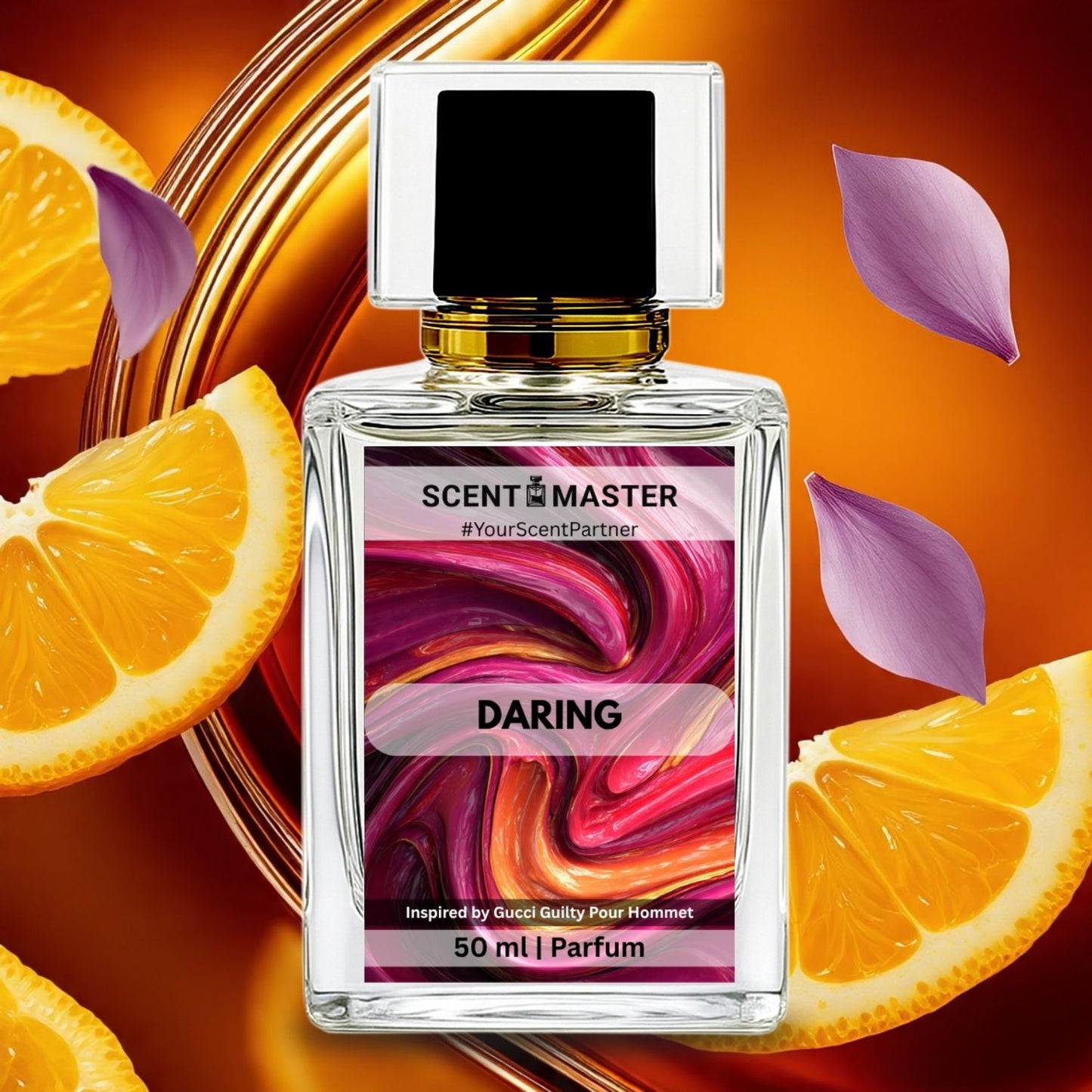 Perfume bottle labeled 'Scent Master Daring' with colorful label, surrounded by orange slices and purple leaves on a warm background.