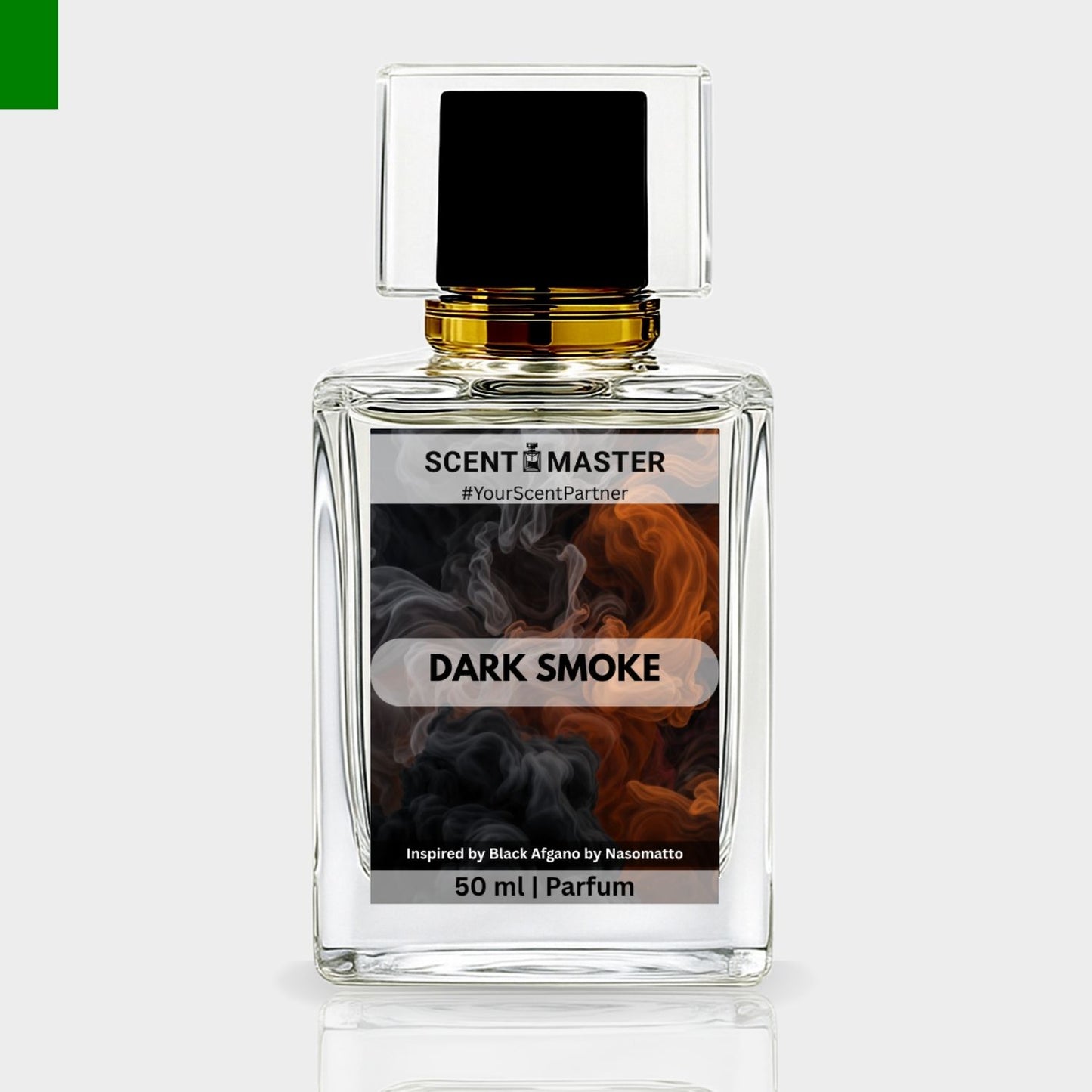 Perfume bottle labeled 'Dark Smoke' by Scent Master on a light gray background