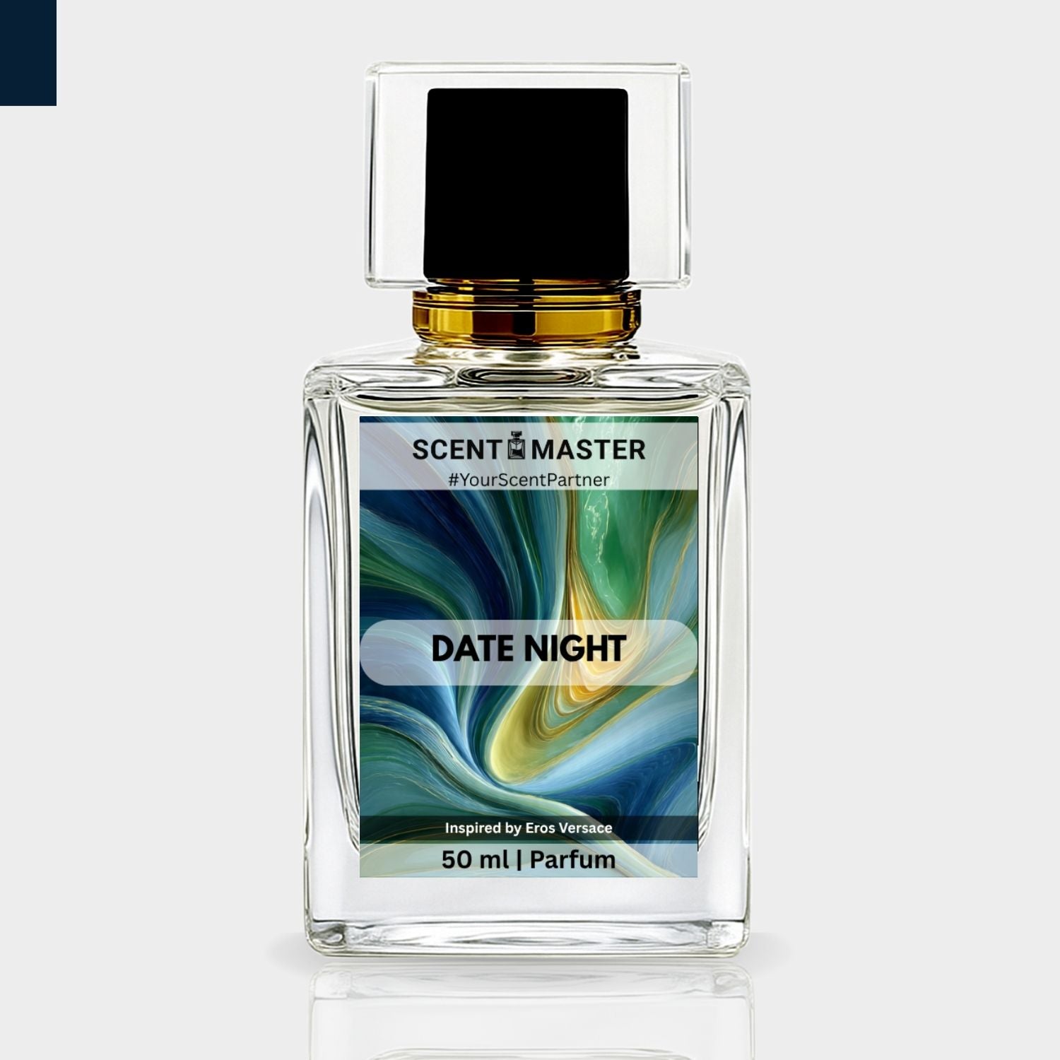 Perfume bottle labeled 'Date Night' by Scent Master on a light gray background