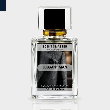 Perfume bottle labeled 'Scent Master Elegant Man' on a light gray background