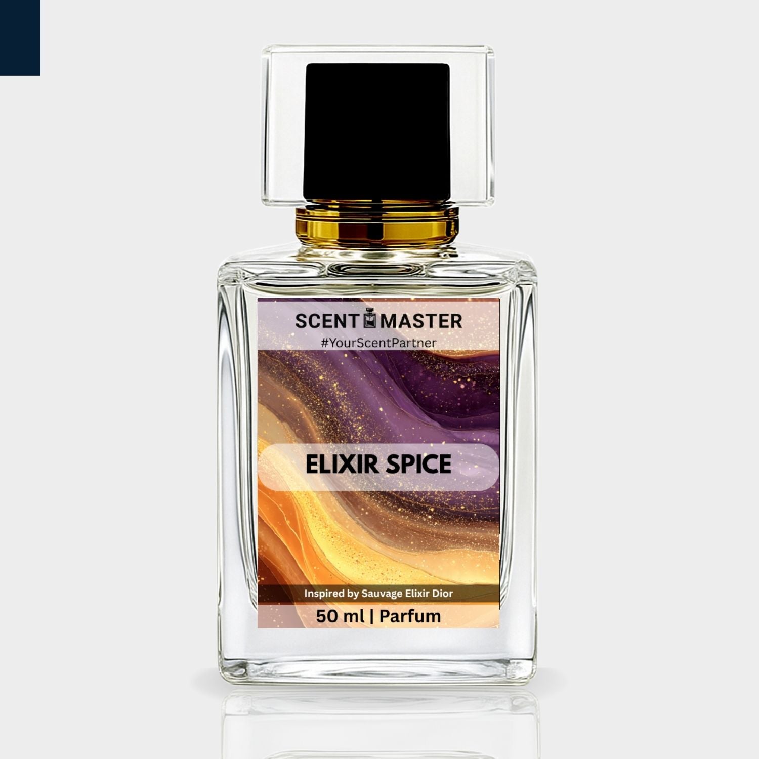 Perfume bottle labeled 'Elixir Spice' by Scent Master on a light gray background