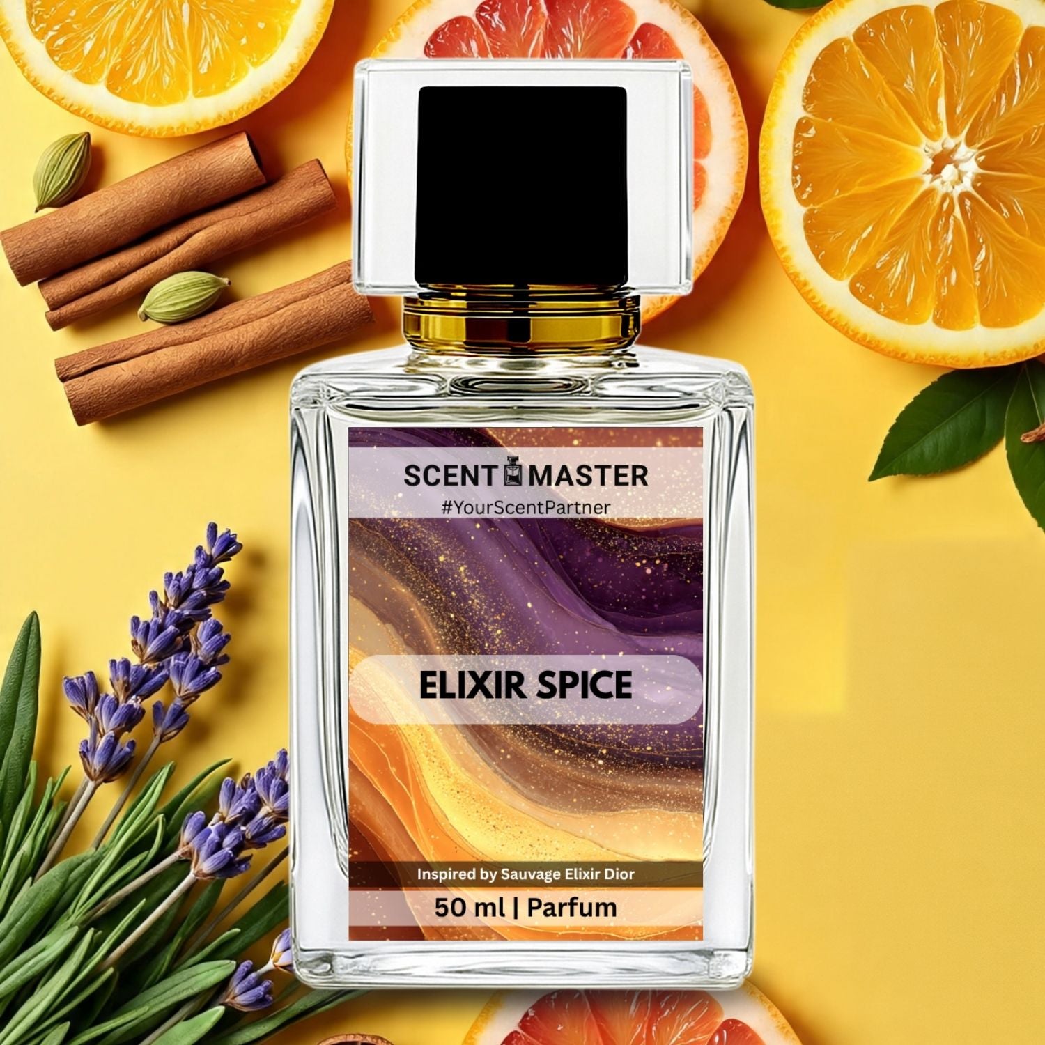 Perfume bottle labeled 'Scent Master Elixir Spice' surrounded by citrus fruits, cinnamon, and lavender on a yellow background.