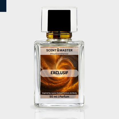 Perfume bottle labeled 'Exclusif' by Scent Master on a light gray background