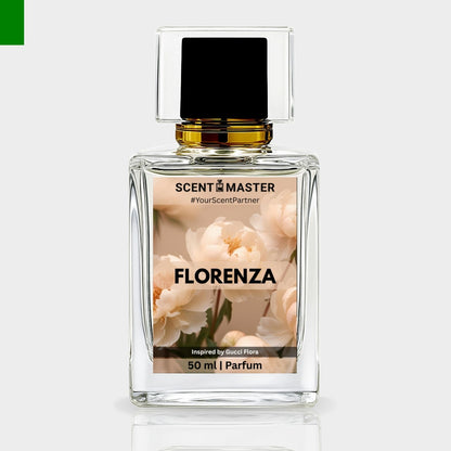 Perfume bottle labeled 'Florenza' by Scent Master on a light gray background