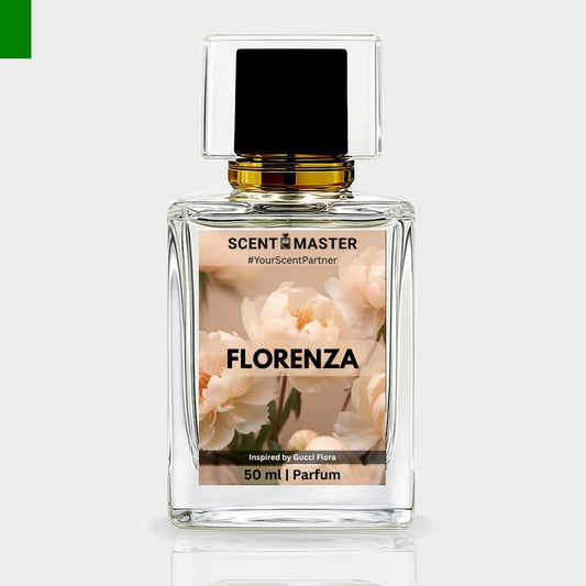 Perfume bottle labeled 'Florenza' by Scent Master on a light gray background